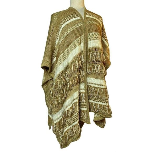 Chico's Mya Ruana One Size Fringed Multi Pattern Textured Neutral Combo NEW - Picture 1 of 8